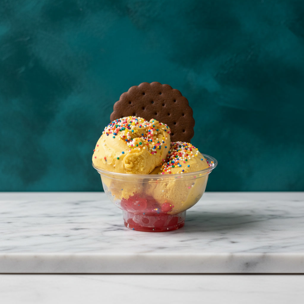 Mango Sorbetto with colorful sprinkles and chocolate wafer